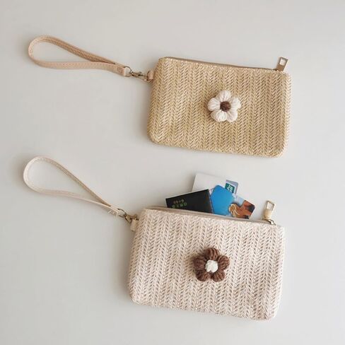 2023 Wristlet Wallet Women Girl Credit Card Card Holder with Wrist Strap Straw Woven Coin Change Purse in Saudi Arabia