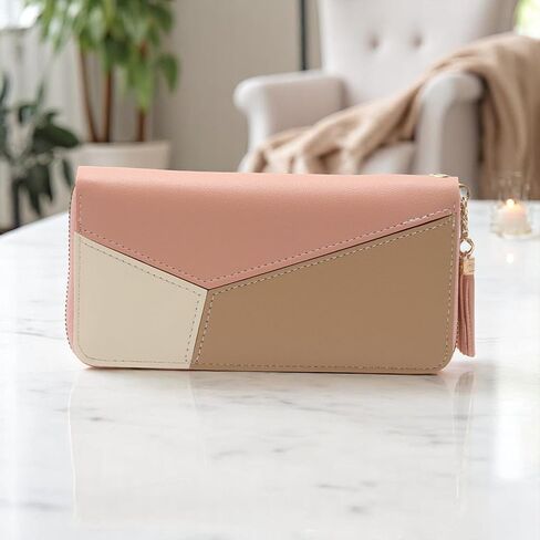 1Pcs Simple Wallet Long Patchwork Zip Wallet PU Leather Pink 20x10.5cm in Saudi Arabia