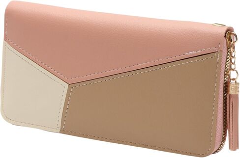 1Pcs Simple Wallet Long Patchwork Zip Wallet PU Leather Pink 20x10.5cm in Saudi Arabia