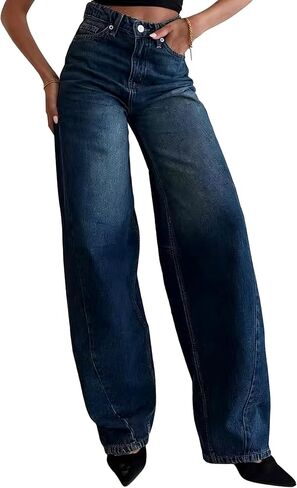 بنطلون جينز نسائي فضفاض واسع الساق من MsavigVice سروال دينم مطاطي متوسط ​​الخصر غير رسمي فضفاض مستقيم ملابس الشارع in Kuwait