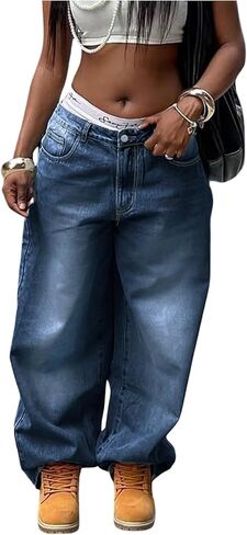 SHENHE Women's Low Rise Baggy Jeans Y2k Wide Leg 90s Vintage Hip Hop Boyfriend Jeans Streetwear in Saudi Arabia
