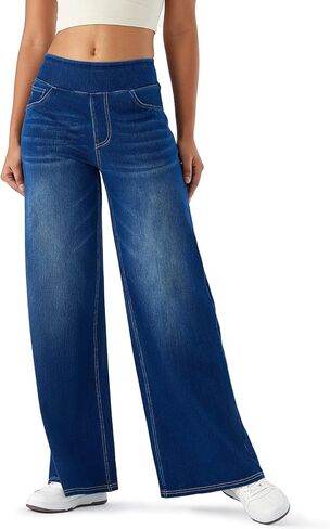Fanica Women's Baggy Wide Leg Jeans, High Waisted Relaxed Fit Stretch Pull On Soft Denim Pants with Pockets in Saudi Arabia