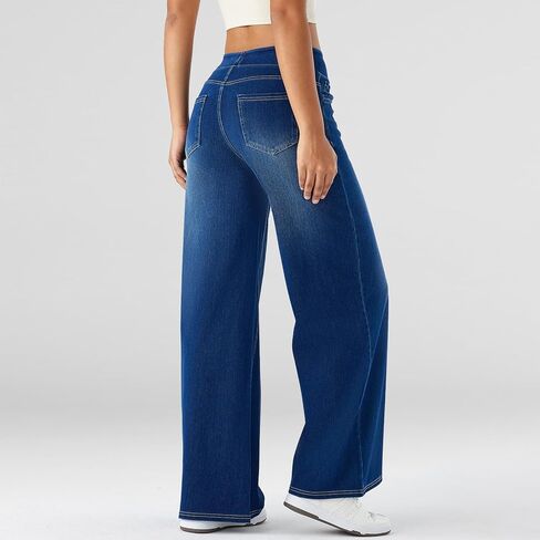 Fanica Women's Baggy Wide Leg Jeans, High Waisted Relaxed Fit Stretch Pull On Soft Denim Pants with Pockets in Saudi Arabia