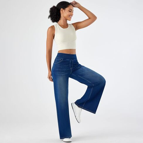 Fanica Women's Baggy Wide Leg Jeans, High Waisted Relaxed Fit Stretch Pull On Soft Denim Pants with Pockets in Saudi Arabia