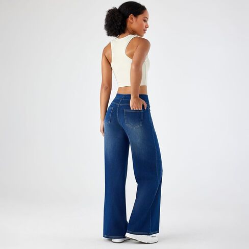 Fanica Women's Baggy Wide Leg Jeans, High Waisted Relaxed Fit Stretch Pull On Soft Denim Pants with Pockets in Saudi Arabia