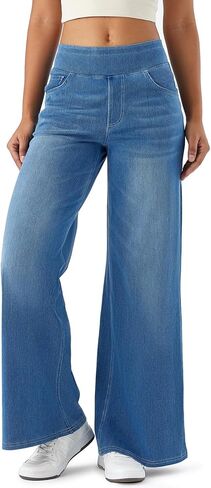 Fanica Women's Baggy Wide Leg Jeans, High Waisted Relaxed Fit Stretch Pull On Soft Denim Pants with Pockets in Saudi Arabia