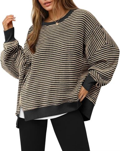 Women's Fall Oversized Sweatshirt Casual Waffle Knit Long Sleeve Crewneck Split Pullover Tunic Tops in Saudi Arabia