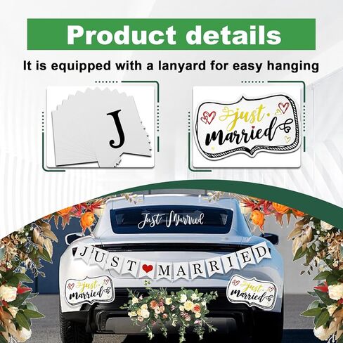 4 قطع من مجموعة ديكورات سيارات الزفاف Just Married مع مغناطيسات مزخرفة كبيرة مقاس 12 × 7، وشارات نافذة مقاس 22.4 × 5، ولافتة لتزيين المركبات في يوم الزفاف وشهر العسل in Kuwait