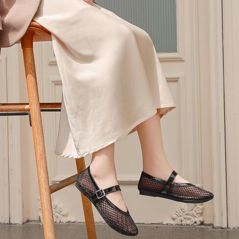 Women's Mesh Ballet Flats Round Toe Fishnet Ballerina Flats Buckle Strap Mary Jane Ballet Flats for Parties or Casual Dress Shoes in Saudi Arabia