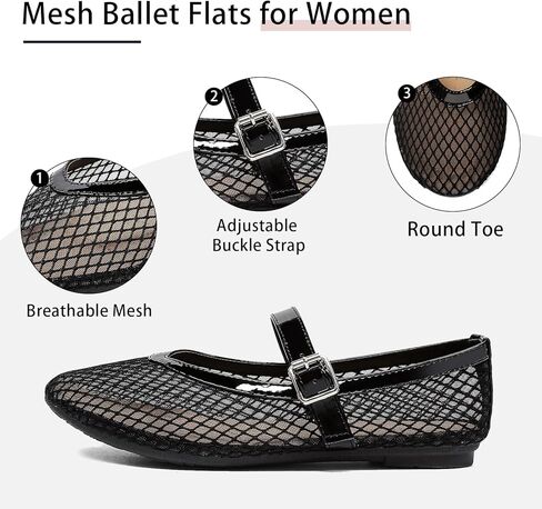 Women's Mesh Ballet Flats Round Toe Fishnet Ballerina Flats Buckle Strap Mary Jane Ballet Flats for Parties or Casual Dress Shoes in Saudi Arabia