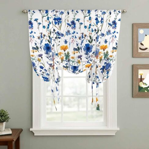 Blue Flowers Tie Up Curtains for Window, Spring Watercolor Oil Painting Floral Plant Thermal Insulated Balloon Shade Adjustable Rod Pocket Curtains Valance Panels for Kitchen Bathroom Café 42'' x 54'' in Saudi Arabia