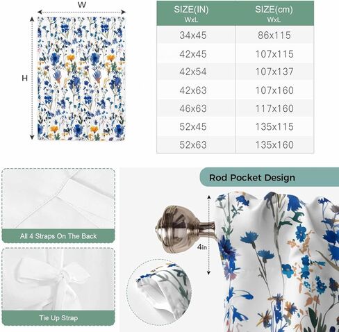 Blue Flowers Tie Up Curtains for Window, Spring Watercolor Oil Painting Floral Plant Thermal Insulated Balloon Shade Adjustable Rod Pocket Curtains Valance Panels for Kitchen Bathroom Café 42'' x 54'' in Saudi Arabia