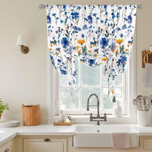 Blue Flowers Tie Up Curtains for Window, Spring Watercolor Oil Painting Floral Plant Thermal Insulated Balloon Shade Adjustable Rod Pocket Curtains Valance Panels for Kitchen Bathroom Café 42'' x 54'' in Saudi Arabia
