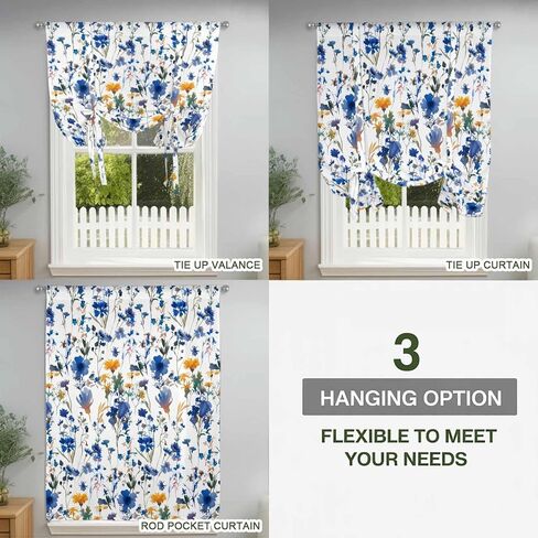 Blue Flowers Tie Up Curtains for Window, Spring Watercolor Oil Painting Floral Plant Thermal Insulated Balloon Shade Adjustable Rod Pocket Curtains Valance Panels for Kitchen Bathroom Café 42'' x 54'' in Saudi Arabia