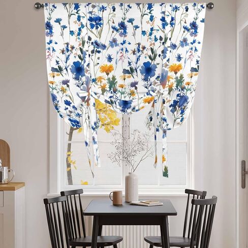 Blue Flowers Tie Up Curtains for Window, Spring Watercolor Oil Painting Floral Plant Thermal Insulated Balloon Shade Adjustable Rod Pocket Curtains Valance Panels for Kitchen Bathroom Café 42'' x 54'' in Saudi Arabia