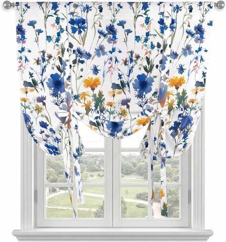 Blue Flowers Tie Up Curtains for Window, Spring Watercolor Oil Painting Floral Plant Thermal Insulated Balloon Shade Adjustable Rod Pocket Curtains Valance Panels for Kitchen Bathroom Café 42'' x 54'' in Saudi Arabia