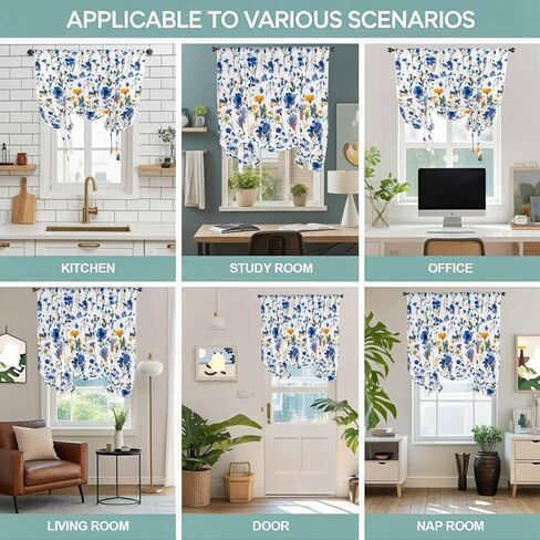 Blue Flowers Tie Up Curtains for Window, Spring Watercolor Oil Painting Floral Plant Thermal Insulated Balloon Shade Adjustable Rod Pocket Curtains Valance Panels for Kitchen Bathroom Café 42'' x 54'' in Saudi Arabia