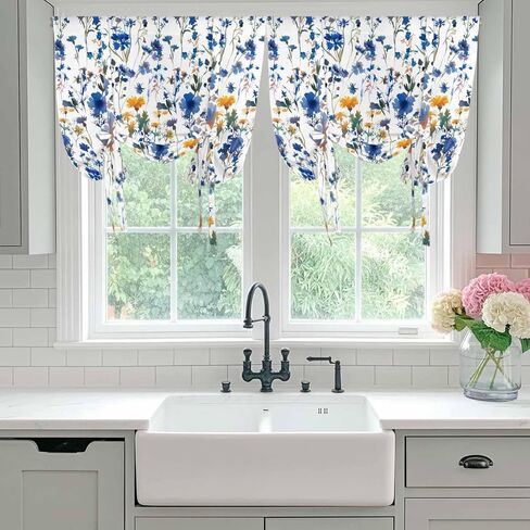 Blue Flowers Tie Up Curtains for Window, Spring Watercolor Oil Painting Floral Plant Thermal Insulated Balloon Shade Adjustable Rod Pocket Curtains Valance Panels for Kitchen Bathroom Café 42'' x 54'' in Saudi Arabia
