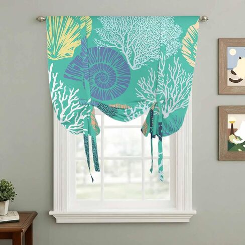 Aqua Gray Shell Coral Tie Up Curtains for Window, Coastal Summer Beach Nautical Ocean Thermal Insulated Balloon Shade Rod Pocket Curtains Valance Panels for Kitchen Bathroom Café 42'' x 45'' in Saudi Arabia