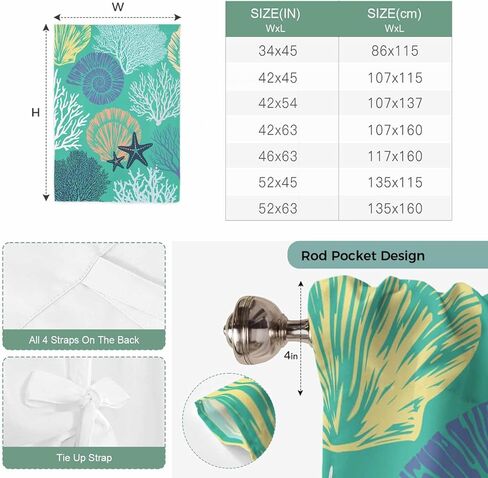 Aqua Gray Shell Coral Tie Up Curtains for Window, Coastal Summer Beach Nautical Ocean Thermal Insulated Balloon Shade Rod Pocket Curtains Valance Panels for Kitchen Bathroom Café 42'' x 45'' in Saudi Arabia