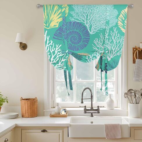 Aqua Gray Shell Coral Tie Up Curtains for Window, Coastal Summer Beach Nautical Ocean Thermal Insulated Balloon Shade Rod Pocket Curtains Valance Panels for Kitchen Bathroom Café 42'' x 45'' in Saudi Arabia