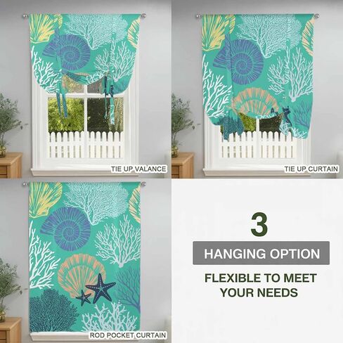 Aqua Gray Shell Coral Tie Up Curtains for Window, Coastal Summer Beach Nautical Ocean Thermal Insulated Balloon Shade Rod Pocket Curtains Valance Panels for Kitchen Bathroom Café 42'' x 45'' in Saudi Arabia