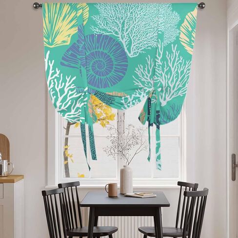 Aqua Gray Shell Coral Tie Up Curtains for Window, Coastal Summer Beach Nautical Ocean Thermal Insulated Balloon Shade Rod Pocket Curtains Valance Panels for Kitchen Bathroom Café 42'' x 45'' in Saudi Arabia