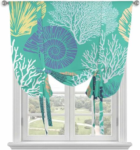 Aqua Gray Shell Coral Tie Up Curtains for Window, Coastal Summer Beach Nautical Ocean Thermal Insulated Balloon Shade Rod Pocket Curtains Valance Panels for Kitchen Bathroom Café 42'' x 45'' in Saudi Arabia