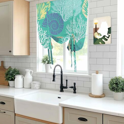 Aqua Gray Shell Coral Tie Up Curtains for Window, Coastal Summer Beach Nautical Ocean Thermal Insulated Balloon Shade Rod Pocket Curtains Valance Panels for Kitchen Bathroom Café 42'' x 45'' in Saudi Arabia
