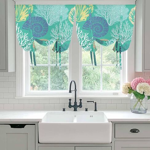 Aqua Gray Shell Coral Tie Up Curtains for Window, Coastal Summer Beach Nautical Ocean Thermal Insulated Balloon Shade Rod Pocket Curtains Valance Panels for Kitchen Bathroom Café 42'' x 45'' in Saudi Arabia
