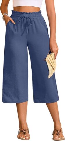 سراويل كابري نسائية واسعة الساق صيفية للشاطئ سراويل كابري عالية الخصر سراويل عمل فضفاضة مع جيوب in Kuwait