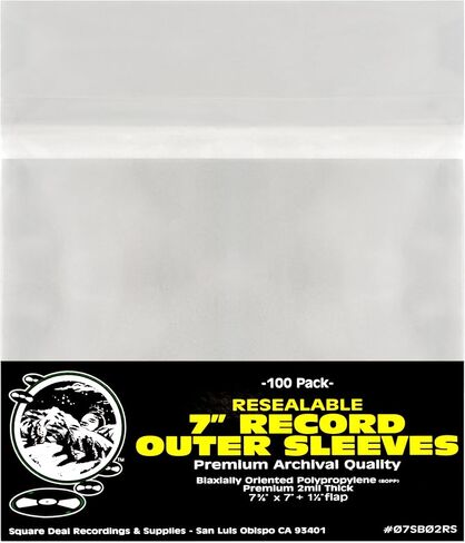(100) 7" Resealable Record Outer Sleeves - Super Clear Premium 2 Mil Thick - Archival Quality BOPP - 7-3/8" x 7" + 1-1/2" Flap - 07SB02RS in Kuwait