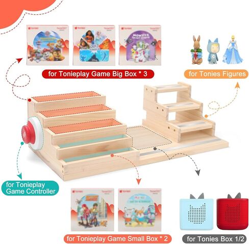 رف تخزين Toniebox 1/2 لشخصيات Tonieplay، منظم خشبي للعبة Tonieplay - 5 حزم ألعاب Tonies (3 كبيرة + 2 صغيرة)، حامل لملحقات وحدة التحكم Tonieplay in Kuwait