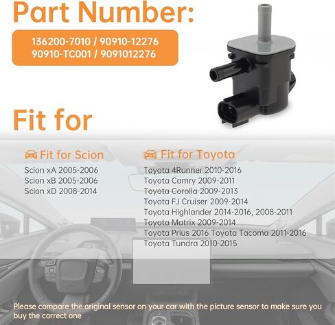 Vacuum Solenoid Valve Switch Vapor Canister Purge Valve 136200-7010 90910-12276 - Compatible for Toyota Camry, Corolla, Highlander, 4Runner, Tacoma, Tundra, Scion xB, xD 2005-2016 Models in Kuwait