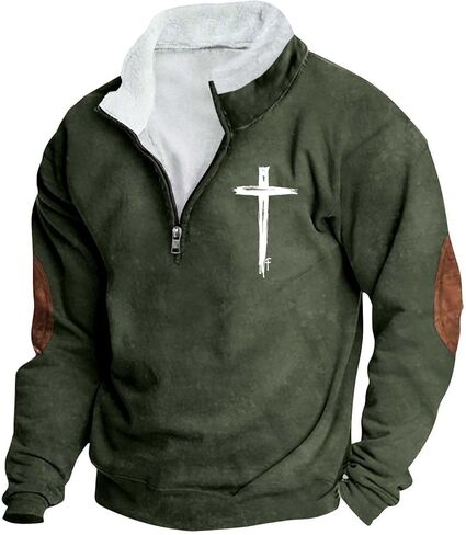 Mens Fleece Quarter-Zip Cadet Collar Sweatshirt Cross Jesus Christ Christians Muscle Tops Elbow Patch Sweater in Saudi Arabia