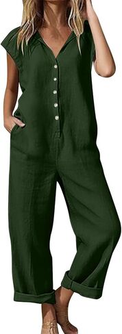 Linen Jumpsuits for Women Summer Cap Sleeve Wide Leg Pants Rompers Casual Loose Button Down Overalls with Pockets in Saudi Arabia