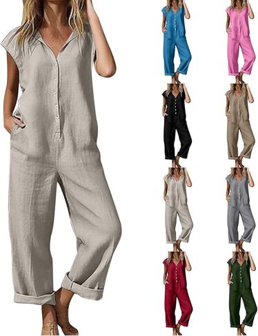 Linen Jumpsuits for Women Summer Cap Sleeve Wide Leg Pants Rompers Casual Loose Button Down Overalls with Pockets in Saudi Arabia