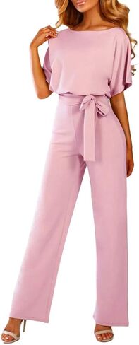 YRAETENM Women's Short Sleeve Jumpsuits Belted Wide Leg Long Pants Loose Crew Neck Formal Romper Dressy Casual Work Outfits in Saudi Arabia