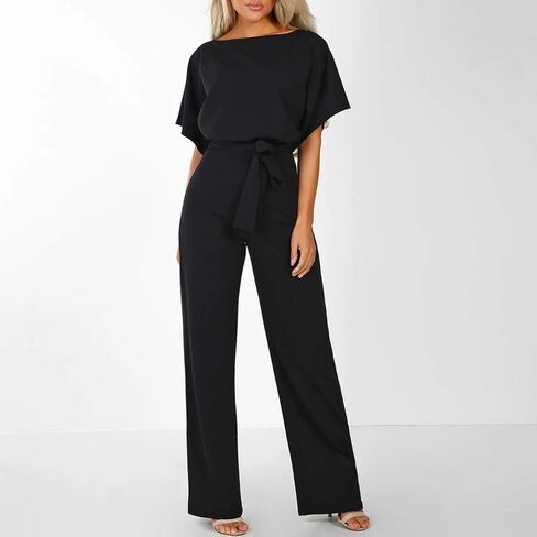 YRAETENM Women's Short Sleeve Jumpsuits Belted Wide Leg Long Pants Loose Crew Neck Formal Romper Dressy Casual Work Outfits in Saudi Arabia