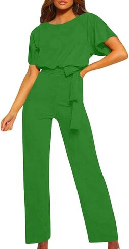 YRAETENM Women's Short Sleeve Jumpsuits Belted Wide Leg Long Pants Loose Crew Neck Formal Romper Dressy Casual Work Outfits in Saudi Arabia