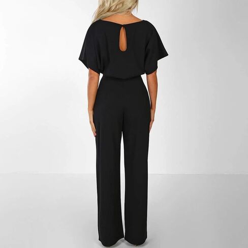 YRAETENM Women's Short Sleeve Jumpsuits Belted Wide Leg Long Pants Loose Crew Neck Formal Romper Dressy Casual Work Outfits in Saudi Arabia