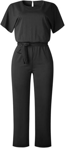 YRAETENM Women's Short Sleeve Jumpsuits Belted Wide Leg Long Pants Loose Crew Neck Formal Romper Dressy Casual Work Outfits in Saudi Arabia