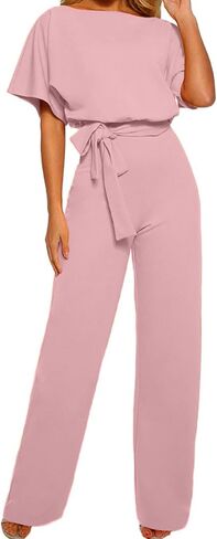 YRAETENM Women's Short Sleeve Jumpsuits Belted Wide Leg Long Pants Loose Crew Neck Formal Romper Dressy Casual Work Outfits in Saudi Arabia