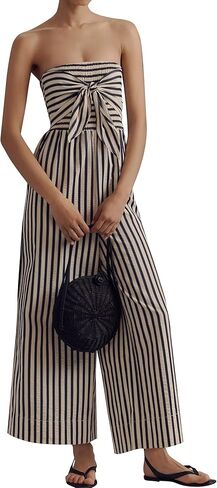 Women’s Summer Strapless Jumpsuits Elegant Cute Striped Bow Tie Front Rompers 2025 One Piece Outfits with Pockets in Kuwait