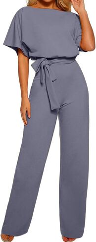 YRAETENM Women's Short Sleeve Jumpsuits Belted Wide Leg Long Pants Loose Crew Neck Formal Romper Dressy Casual Work Outfits in Saudi Arabia