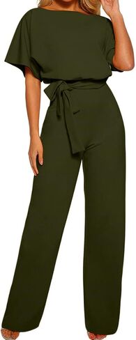 YRAETENM Women's Short Sleeve Jumpsuits Belted Wide Leg Long Pants Loose Crew Neck Formal Romper Dressy Casual Work Outfits in Saudi Arabia