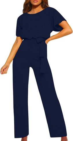 YRAETENM Women's Short Sleeve Jumpsuits Belted Wide Leg Long Pants Loose Crew Neck Formal Romper Dressy Casual Work Outfits in Saudi Arabia