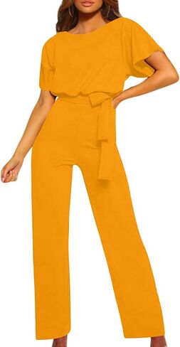 YRAETENM Women's Short Sleeve Jumpsuits Belted Wide Leg Long Pants Loose Crew Neck Formal Romper Dressy Casual Work Outfits in Saudi Arabia