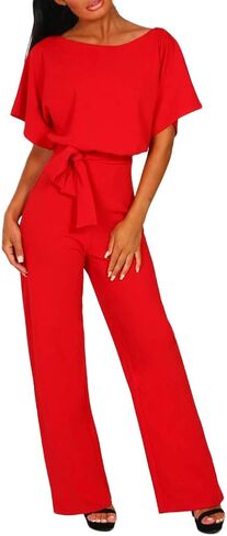 YRAETENM Women's Short Sleeve Jumpsuits Belted Wide Leg Long Pants Loose Crew Neck Formal Romper Dressy Casual Work Outfits in Saudi Arabia