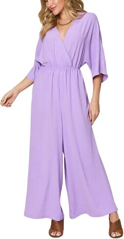 جمبسوت نسائي أنيق بأكمام كيمونو مع جيوب قماش كريب ناعم أزرق ملكي وأكمام كيمونو واسعة in Kuwait